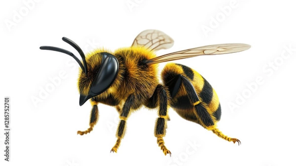 Fototapeta Close-up view of a realistic bee showcasing its detailed features and vibrant colors in a white background environment