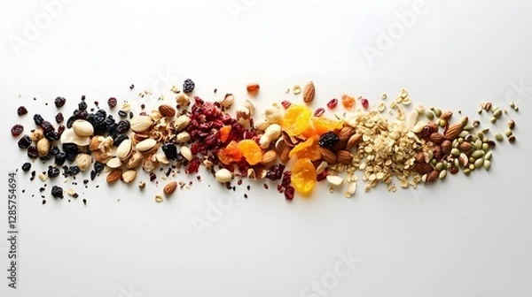 Fototapeta Colorful Display of Nuts, Dried Fruits, and Grains on White Background