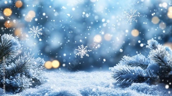 Fototapeta Snowy winter backdrop with blue and white theme. It has glittering lights and snowflake