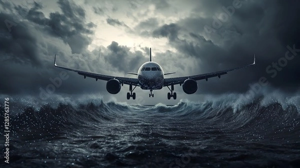 Fototapeta Midnight airplane flight soaring over a bioluminescent tropical ocean near an island with surreal glowing waves in a dramatic 3D scene