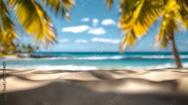 Fototapeta The image captures a beautiful beach scene with palm trees and a blue ocean. The water is calm, and the sky is clear, creating a serene and peaceful atmosphere