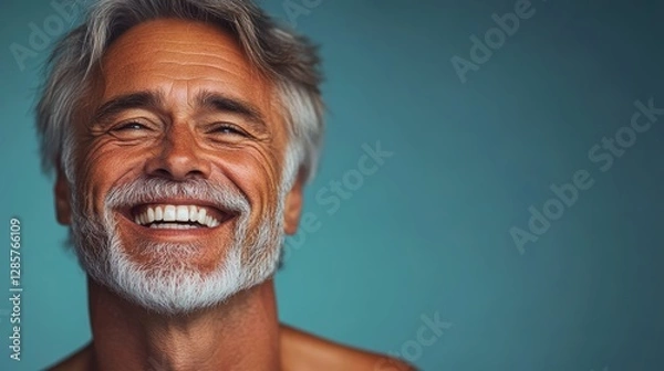 Fototapeta Man with a beard and gray hair is smiling. He has a clean-shaven face