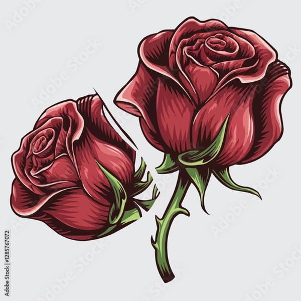 Fototapeta Broken Rose Illustration: A striking illustration captures a red rose, separated into two pieces, revealing intricate details and textures with a classic aesthetic.
