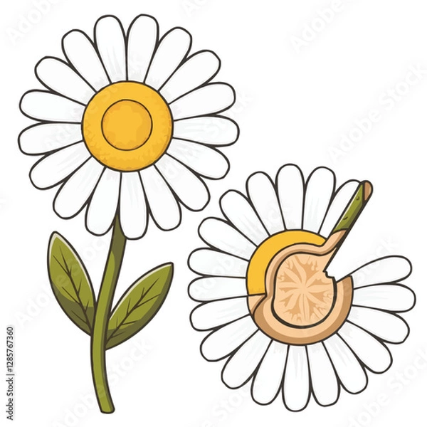 Fototapeta Cartoon sunflower with a smile and a bee surrounded by floral patterns and bright yellow petals in a cheerful summer scene