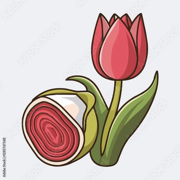 Fototapeta Vector illustration of pink tulips in bloom with leaves, a beautiful spring flower bouquet
