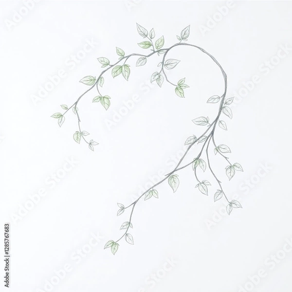 Fototapeta Hand-drawn sketch, epic scale: Elegant vines and leaves intertwining, minimal botanical art, soft green tones, textured pencil strokes, white background, lens glow lighting, heroic elements.
