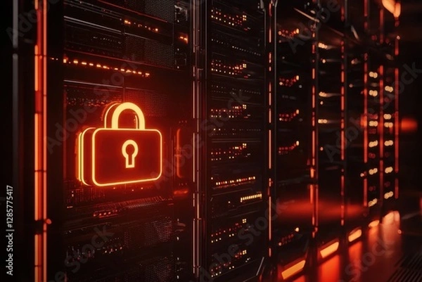 Fototapeta Cybersecurity data protection concept with glowing lock on server racks