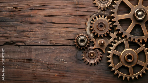 Fototapeta Close-up view of vintage brass gears arranged on a rustic wooden surface, symbolizing mechanics