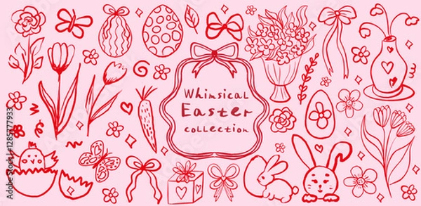 Fototapeta Whimsical Easter coquette set with food and wine red and pink background. La dolce vita concept. Design elements for Valentines Day greeting cards, invitations, spring. Vector illustration