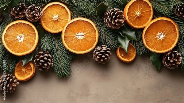 Fototapeta Winter spices and spruce branches with dried oranges and pine cones on beige.