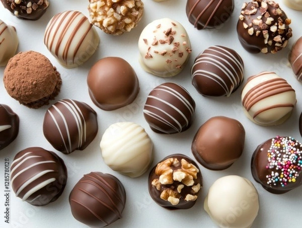 Fototapeta Assorted chocolate truffles on white background