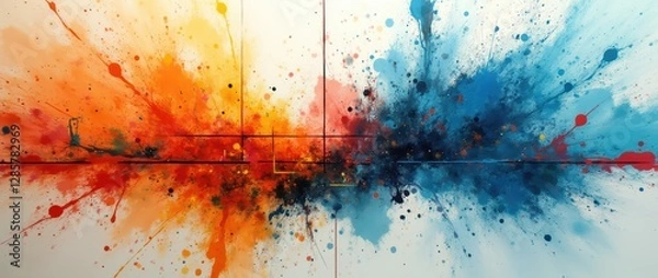Fototapeta An abstract design that juxtaposes chaotic splashes of paint with precise, geometric lines. The colors are vibrant, with a focus on orange and blue