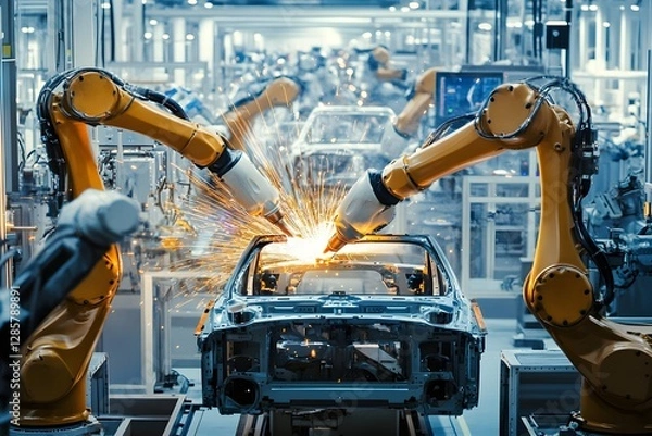 Fototapeta A high-tech automotive factory showcases a futuristic setting where robotic arms weld car frames. Bright sparks scatter as multiple automated welders operate simultaneously in a sleek, advanced enviro