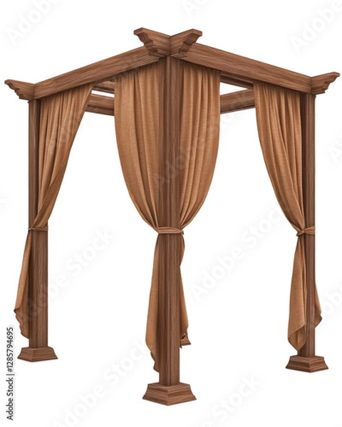Fototapeta Wooden gazebo with curtains on white background