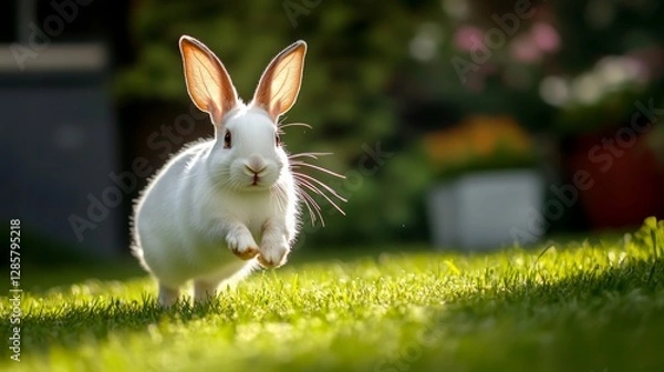 Fototapeta White rabbit is running through a grassy field. The rabbit is small and he is in a playful mood