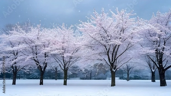 Obraz Winter landscape with trees and Sakura flower