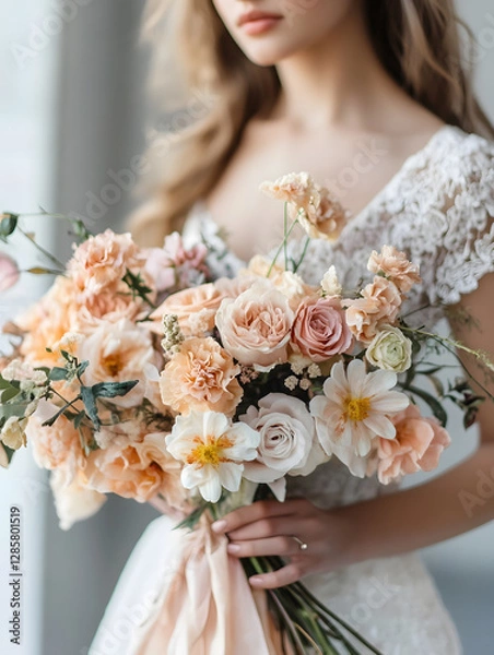 Obraz Romantic Bridal Bouquet with Soft Peach Roses and Elegant Lace Dress : Generative AI