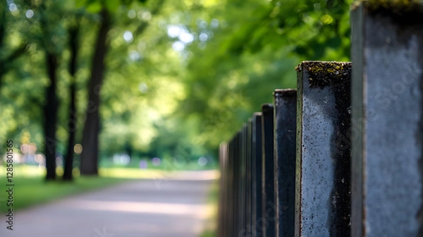 Fototapeta Pathway with green trees and stone fence in a serene park setting : Generative AI