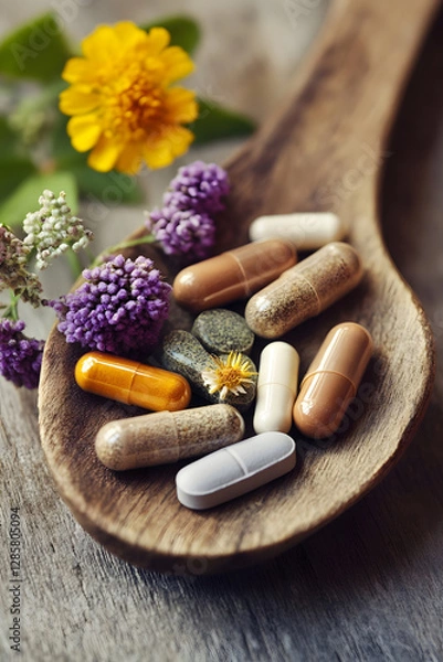 Fototapeta Natural Health Supplements Display on Wooden Spoon with Flowers Background : Generative AI