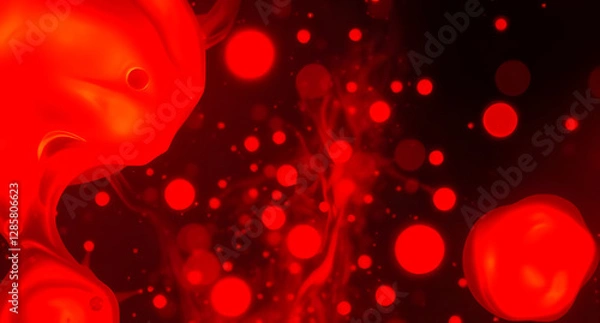 Fototapeta Molten lava lamp fluid background. Bright red and orange liquid blobs floating in darkness