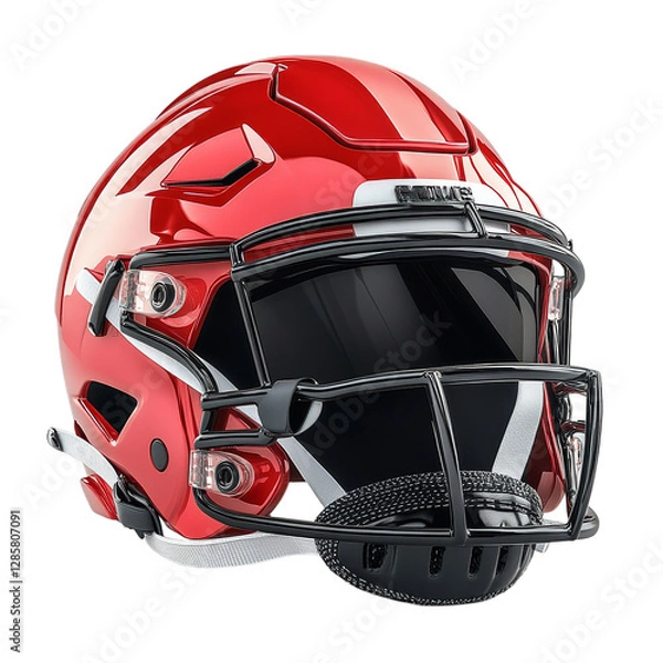 Obraz Red football helmet with visor and black faceguard on transparent background