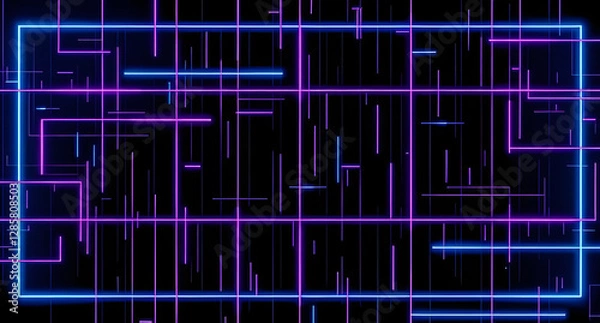 Fototapeta Neon blue and purple grid lines on a black background. Cyberpunk style with glowing effects