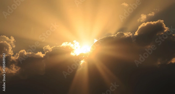 Fototapeta Sun rays piercing through dark clouds background. Dramatic beams of golden light breaking through