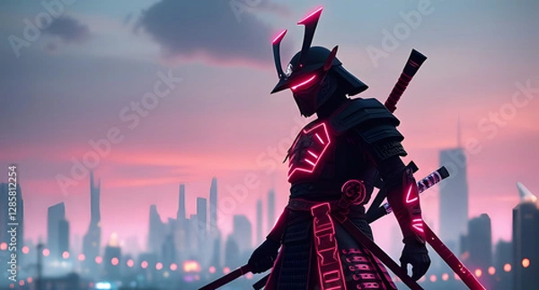 Fototapeta Futuristic cyber samurai silhouette background. Neon-lit warrior against a high-tech skyline