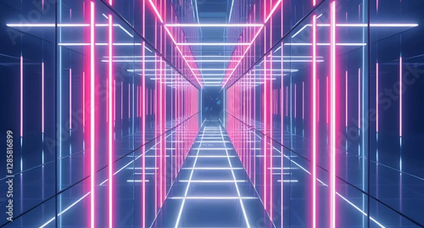 Fototapeta Endless mirrored hallway with glowing neon lines background. Infinite reflections creating a futuristic maze