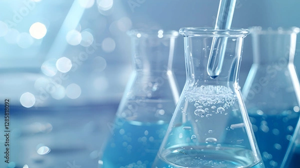 Obraz Laboratory scene showcasing glassware with blue liquid and bubbles, emphasizing scientific research