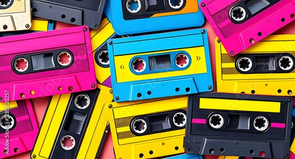 Fototapeta Retro cassette tape pattern background. 80s nostalgia with bright pink, blue, and yellow cassettes