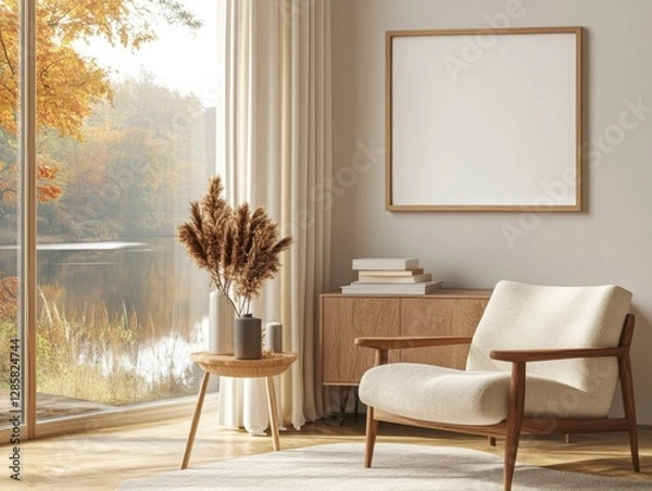 Fototapeta A white chair is in a room with a window and a framed white picture