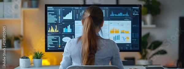 Obraz A young woman is sitting at her desk, using an ergonomic standing desktop monitor to work on business analytics and graphs
