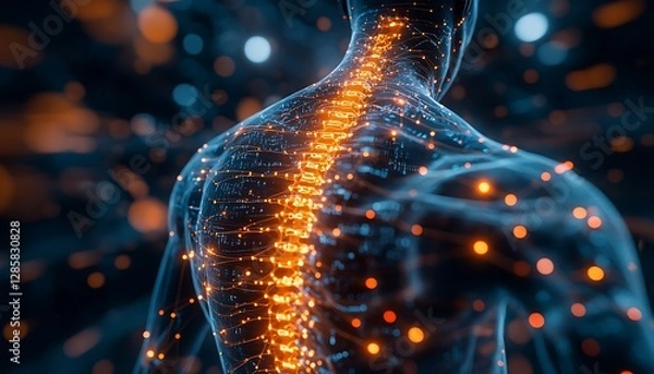 Fototapeta Glowing spine and neural network representation of human anatomy details