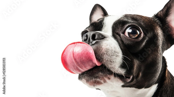 Fototapeta Curious dog joyfully licking its nose with a playful expression in a bright setting