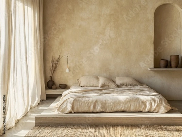 Fototapeta A bed with pillows and a vase on a shelf
