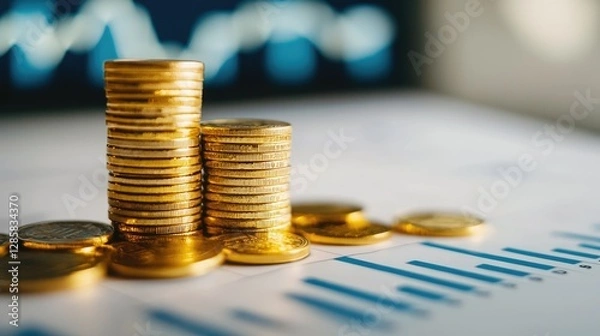Fototapeta Stacked Coins with Financial Chart Background for Investment Themes