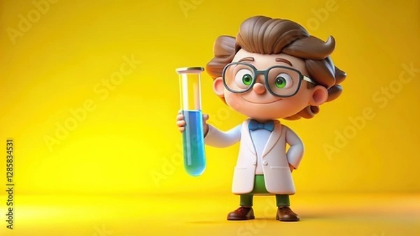Fototapeta 3D cartoon scientis  holding a test tube with a bubbling blue isolate yellow background