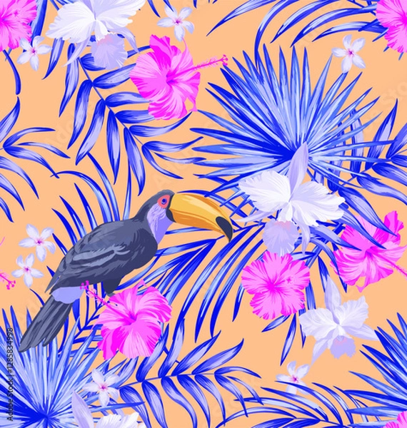 Fototapeta Seamless tropical pattern with jungle flowers, parrots and leaves.	