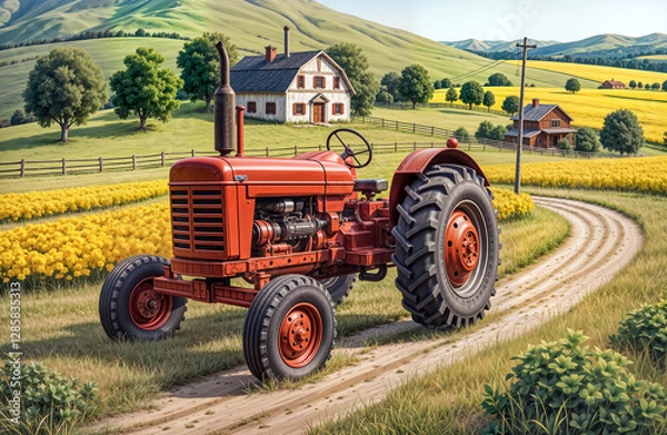 Obraz alter Traktor in idylischer Landschaft