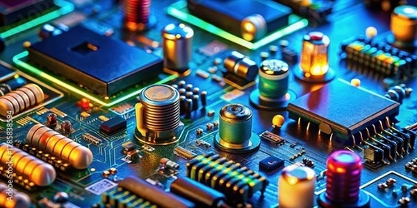 Obraz Electronic Components: Resistor, Capacitor, Integrated Circuit Close-Up