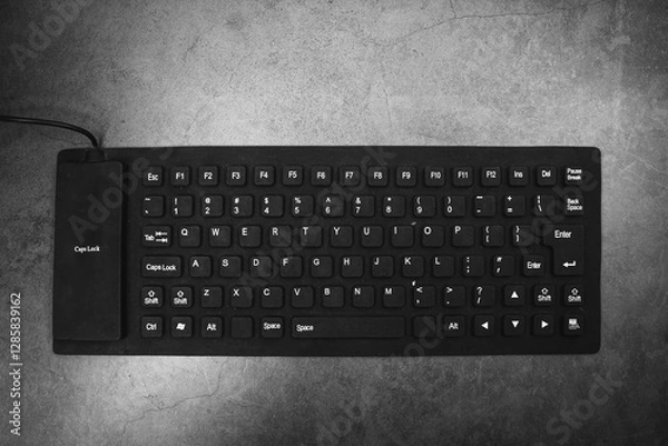 Fototapeta Black silicone modern computer keyboard on gray background