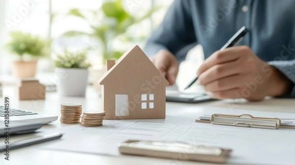 Fototapeta Financial Adviser Explaining Estate Planning Concepts with Model House and Coins on Desk with Documents and Laptop