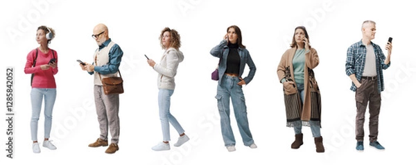 Fototapeta Group of ordinary people using their smartphones