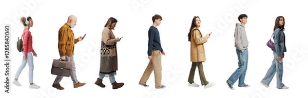 Fototapeta A group of ordinary people of mixed ages walk by looking around curiously as tourists in a new place