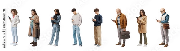 Fototapeta Group of ordinary people of mixed ages standing checking their smartphones