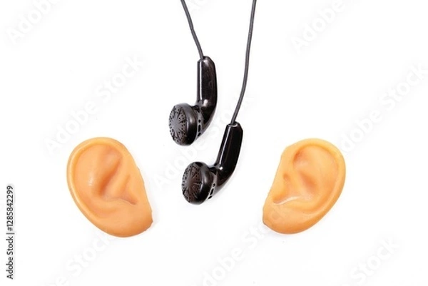 Fototapeta Two doll ears and headphones on a white background