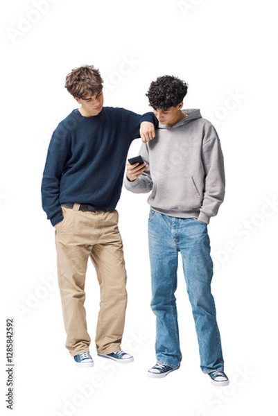 Fototapeta Friends checking social media on a smartphone together