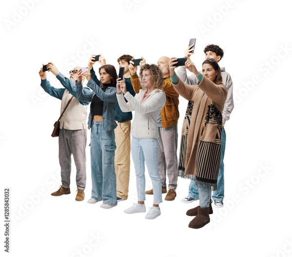 Fototapeta Large group of ordinary people taking photos with smartphones