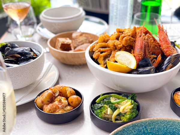 Fototapeta Seafood in a bowl with shrimps, shells, lemon and fried octopus with vegetables, potatoes and bread